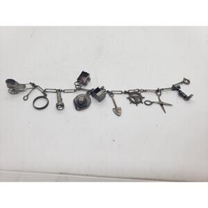 Vintage Sterling Silver Charm Bracelet Cowboy Nautical Scissors Ring Hat 7in